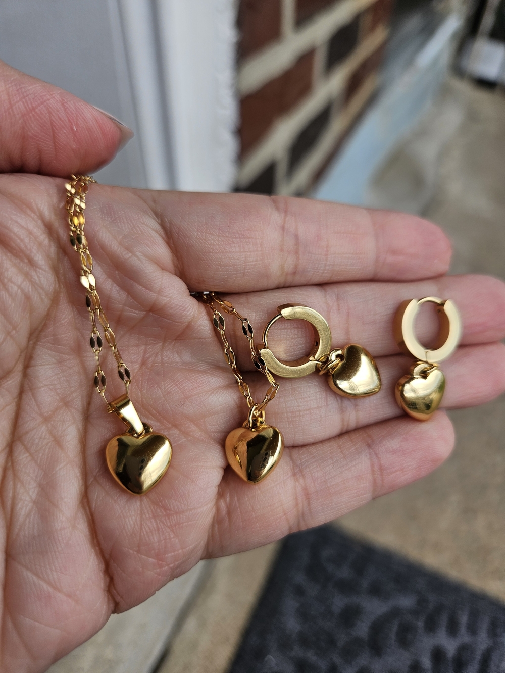 Heart Pendant Necklace and Hoop Earrings An Brazalet  Set - Women Jewelry